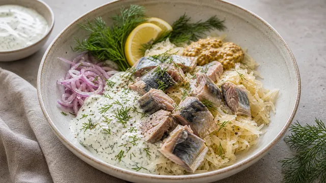Keto sauerkraut mackerel bowl with mackerel fillets, sauerkraut, sour cream and fresh dill in a bowl