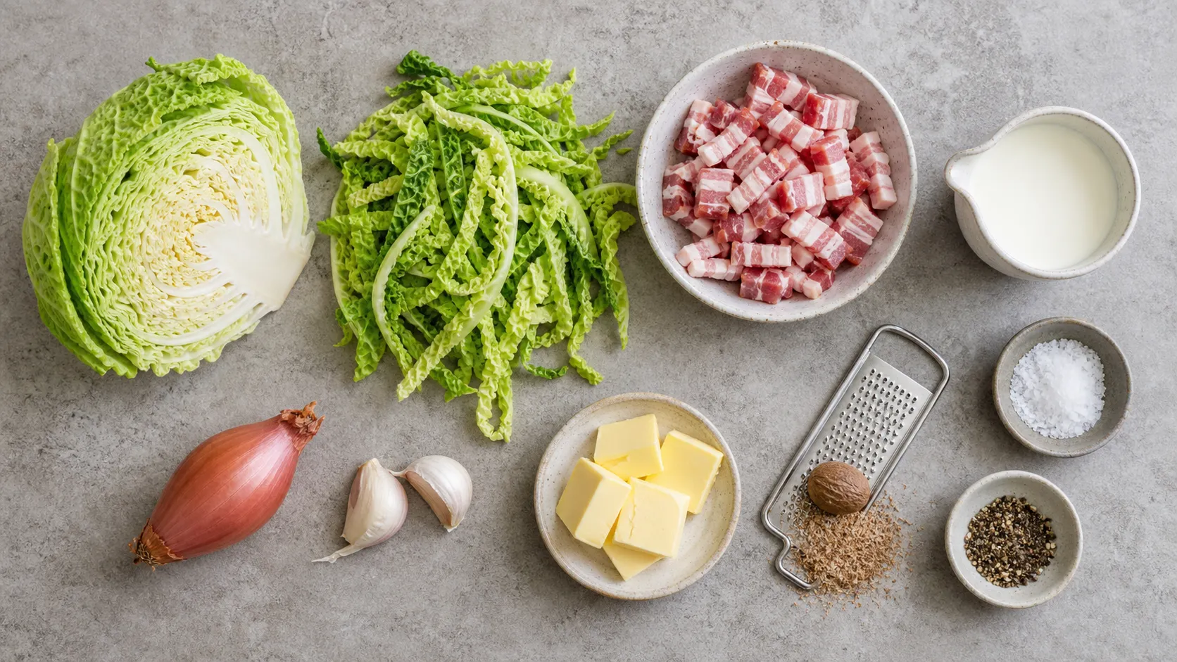 Ingredients for keto creamed savoy cabbage with savoy strips, bacon, cream, butter, shallot, garlic and nutmeg