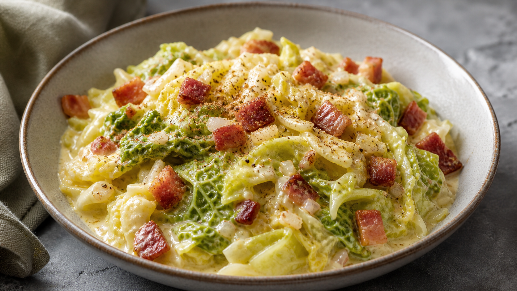 Creamy keto savoy cabbage with crispy bacon cubes, cream sauce, nutmeg and black pepper