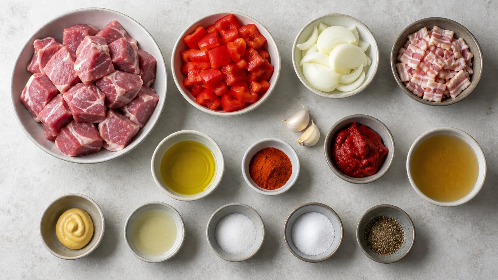 Ingredients for keto shashlik: cubed pork neck, red bell pepper, onion, bacon, paprika powder and tomato paste