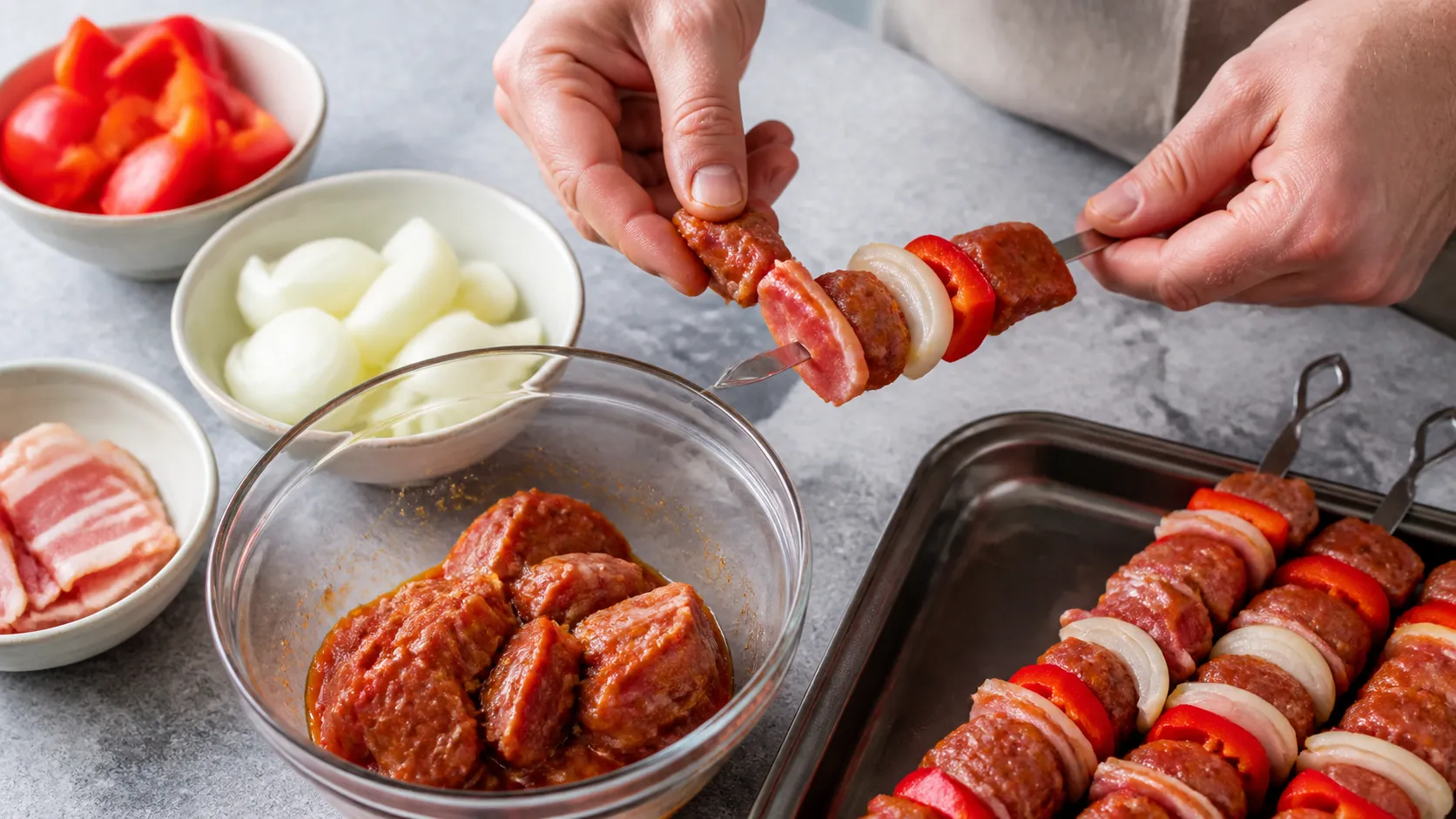 Cubes of meat and vegetables being threaded alternately onto metal skewers