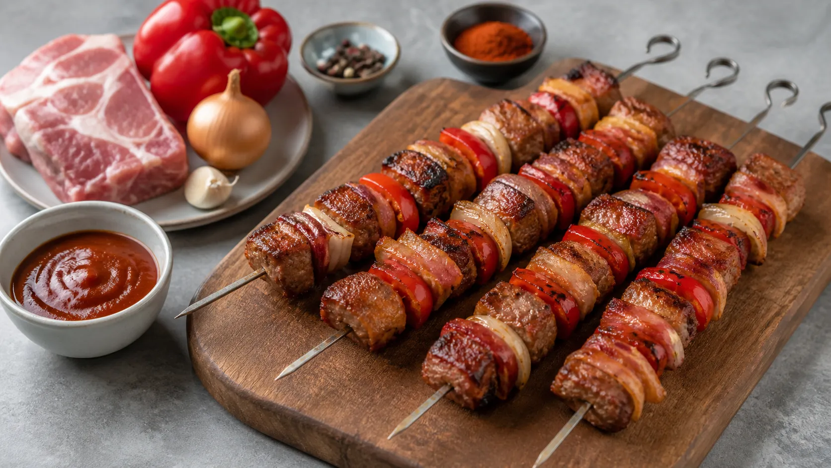 Four grilled keto shashlik skewers with pork neck, bell pepper and onion on a wooden board