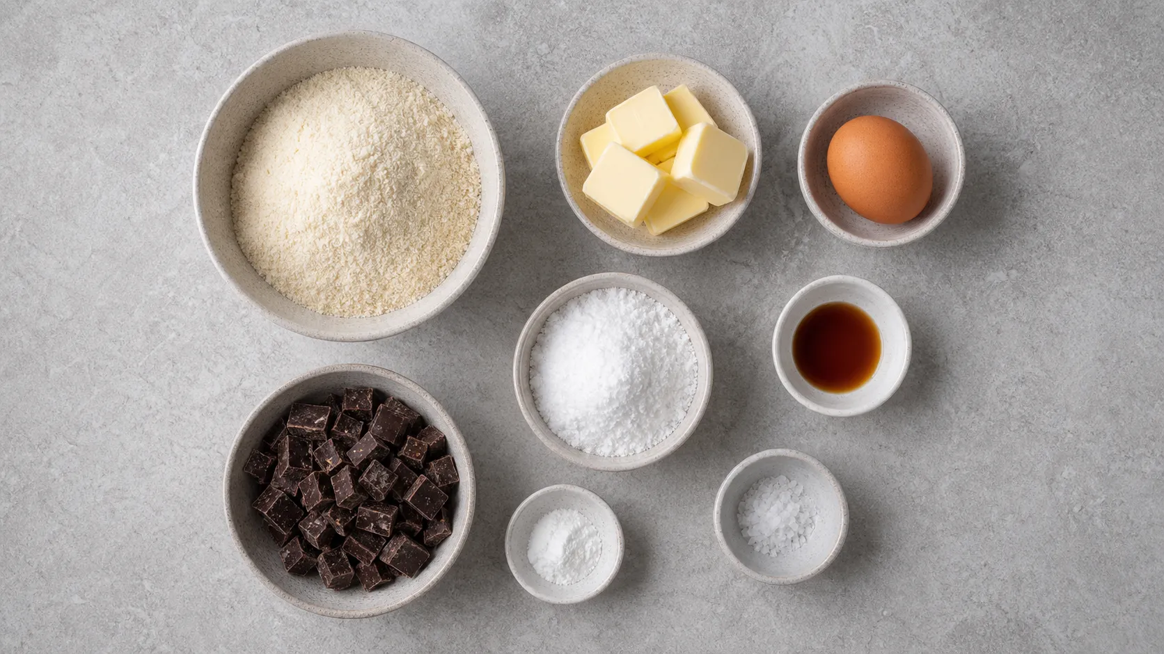 Ingredients for keto chocolate chip cookies: almond flour, butter, egg and dark chocolate