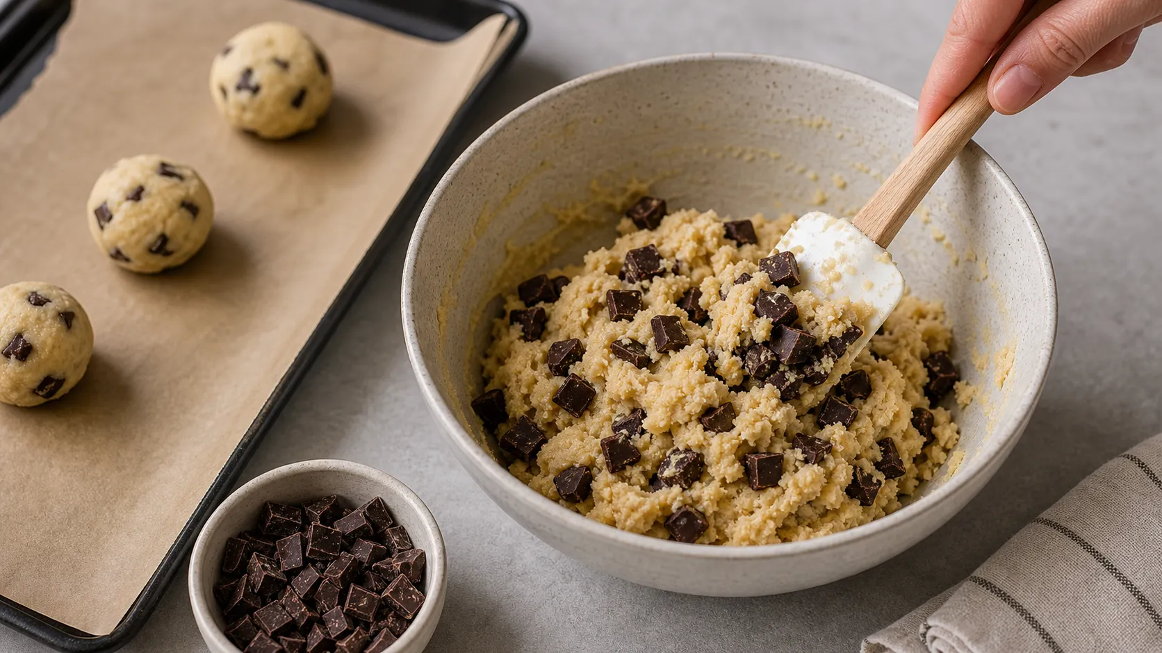 Chunks of dark chocolate being folded into keto almond flour cookie dough