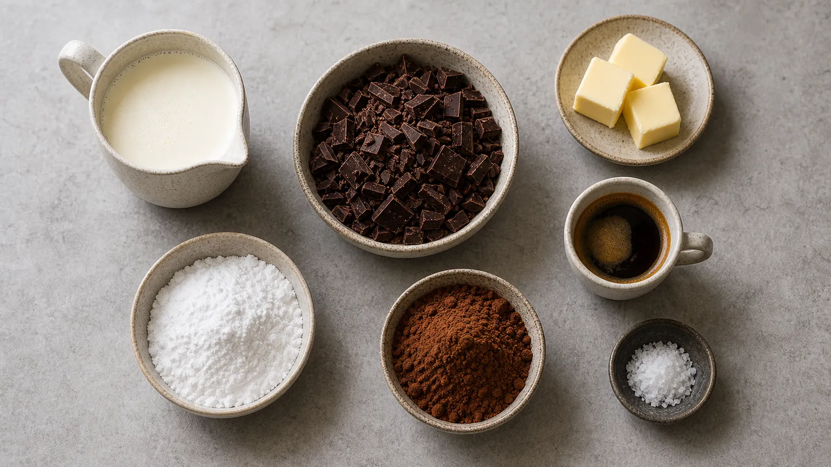 Ingredients for keto chocolate espresso truffles with cream, espresso, butter and dark chocolate
