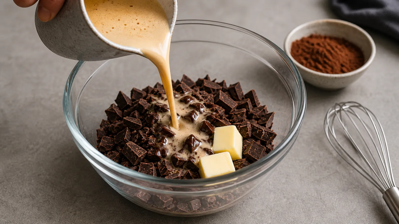 Hot cream with espresso being poured over chopped dark chocolate