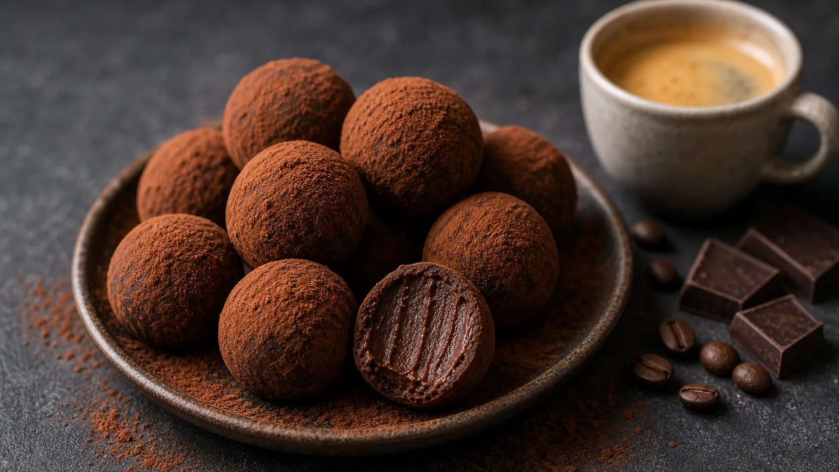 Keto chocolate espresso truffles dusted with cocoa powder on a dark plate