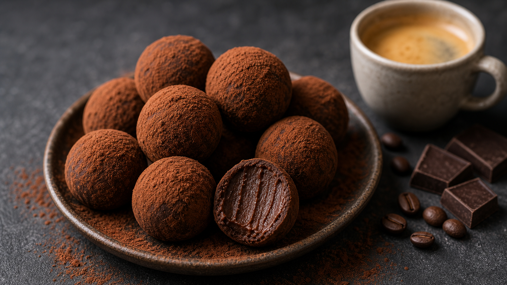 Keto chocolate espresso truffles dusted with cocoa powder on a dark plate
