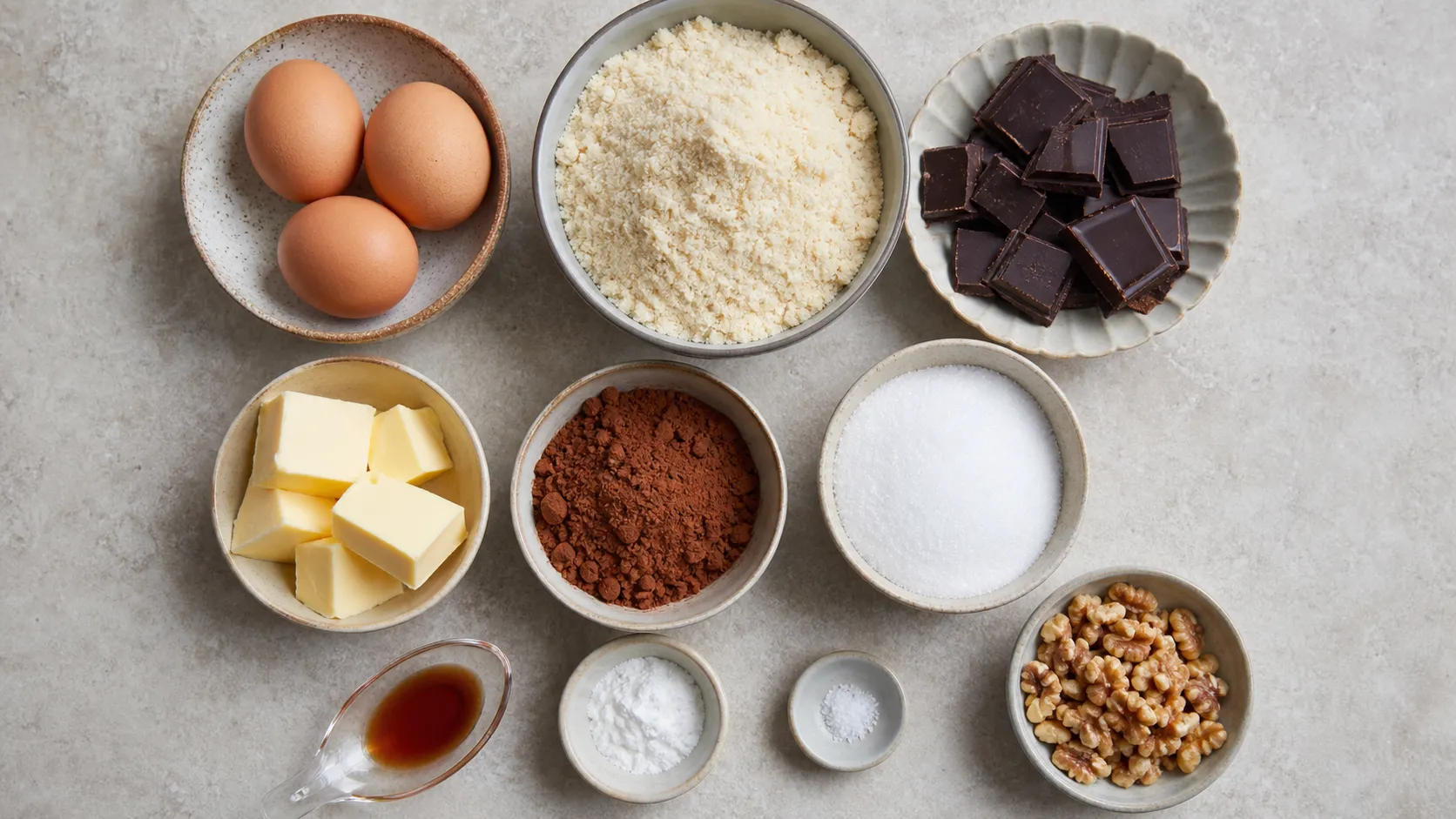 Ingredients for keto chocolate walnut brownies with almond flour, eggs, butter, cocoa and walnuts