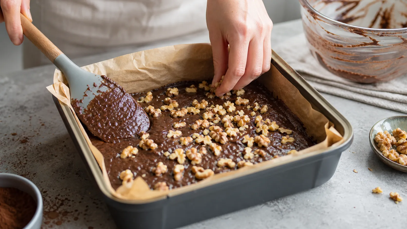 Keto brownie batter being spread in a lined tin with walnuts placed on top before baking