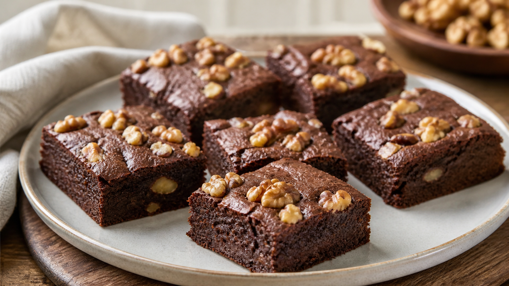 Moist keto chocolate walnut brownies made with almond flour arranged on a plate