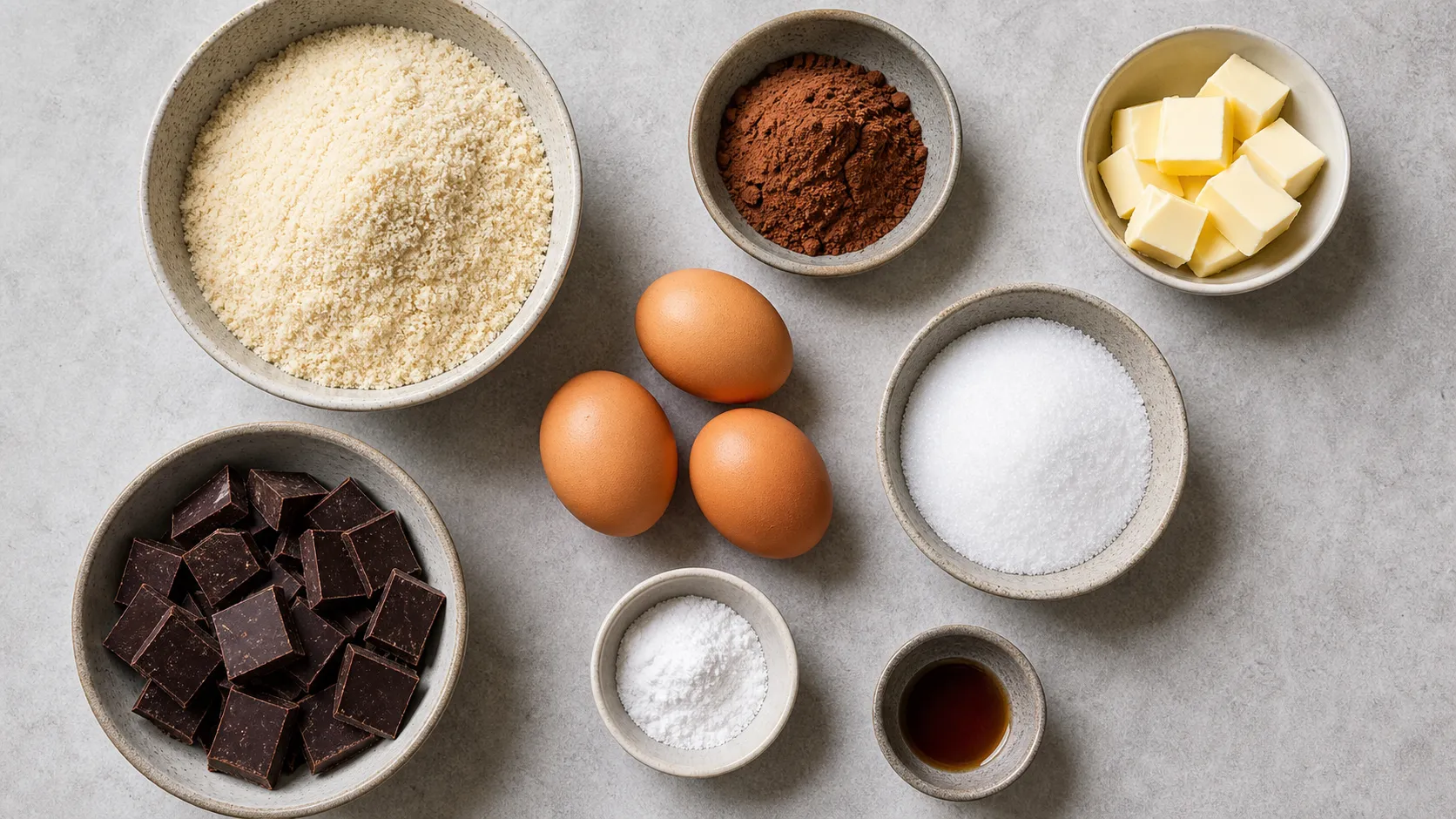 Ingredients for keto chocolate cake: almond flour, cocoa, eggs, butter and dark chocolate