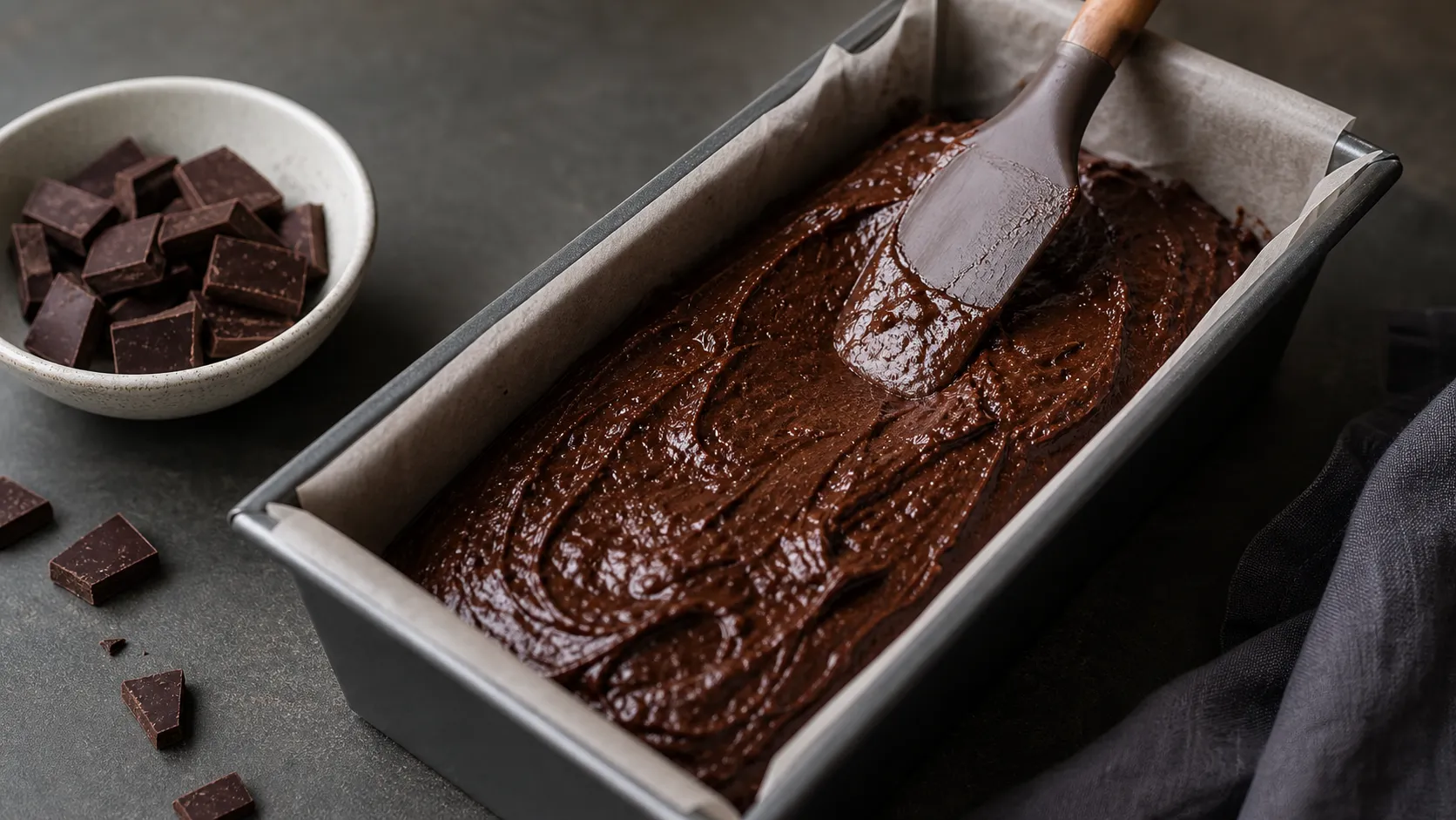 Chocolate batter in a loaf pan with a smooth surface before baking