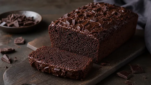 Moist keto chocolate cake with a dark crumb and chocolate chunks, sliced