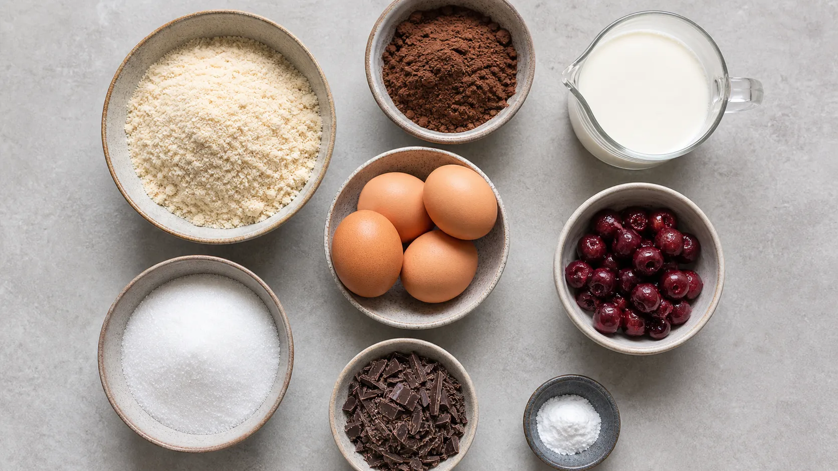 Ingredients for Keto Black Forest Cake: almond flour, cocoa, sour cherries, cream