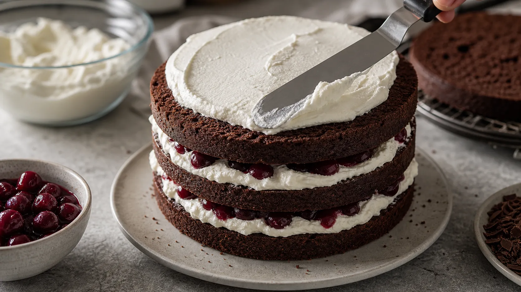 Chocolate sponge layers are stacked with whipped cream and sour cherries