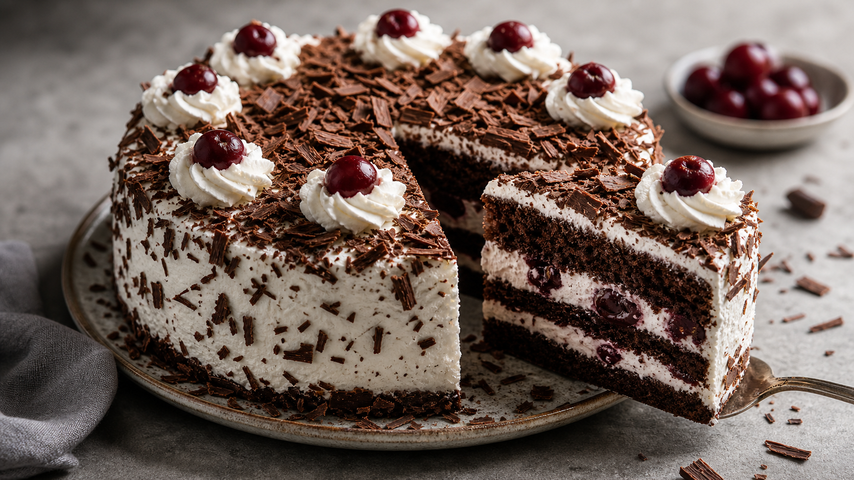 Sliced Keto Black Forest Cake with chocolate sponge, whipped cream and sour cherries