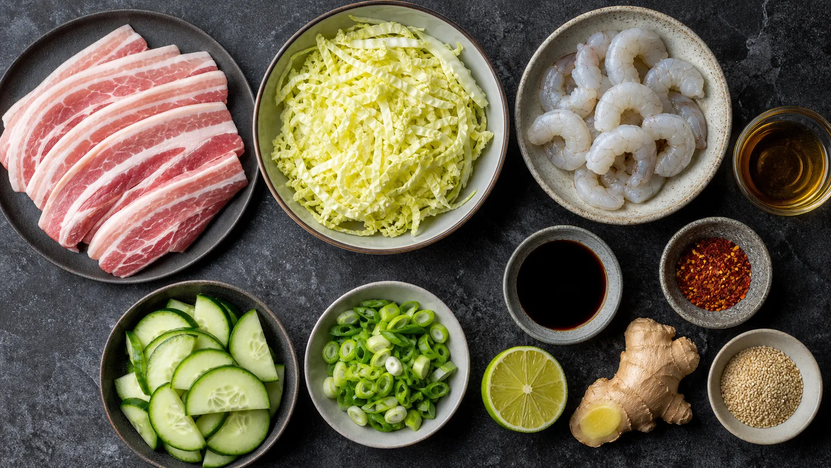 Ingredients for Keto Pork Belly Asian Salad with Shrimp: 50 g Protein: 150 g pork belly (cut into 5 mm thick slices), 150 g shrimp (raw, peeled and deveined), 150 g napa cabbage (finely sliced), 100 g cucumber (in half-slices), 2 spring onions (in rings), 30 ml soy sauce (or tamari)