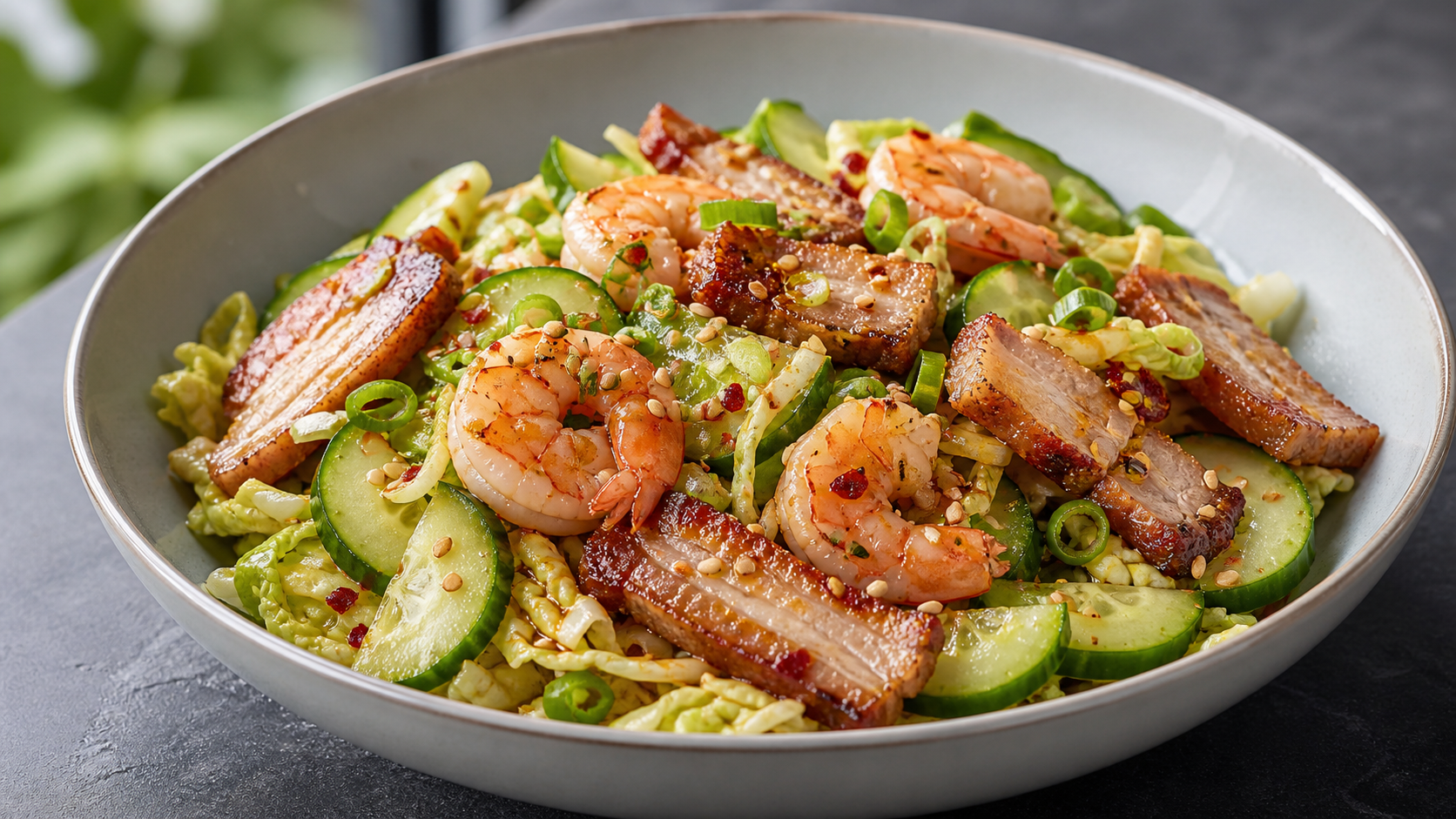 Keto Asian salad with crispy pork belly, shrimp, napa cabbage and sesame dressing in a bowl