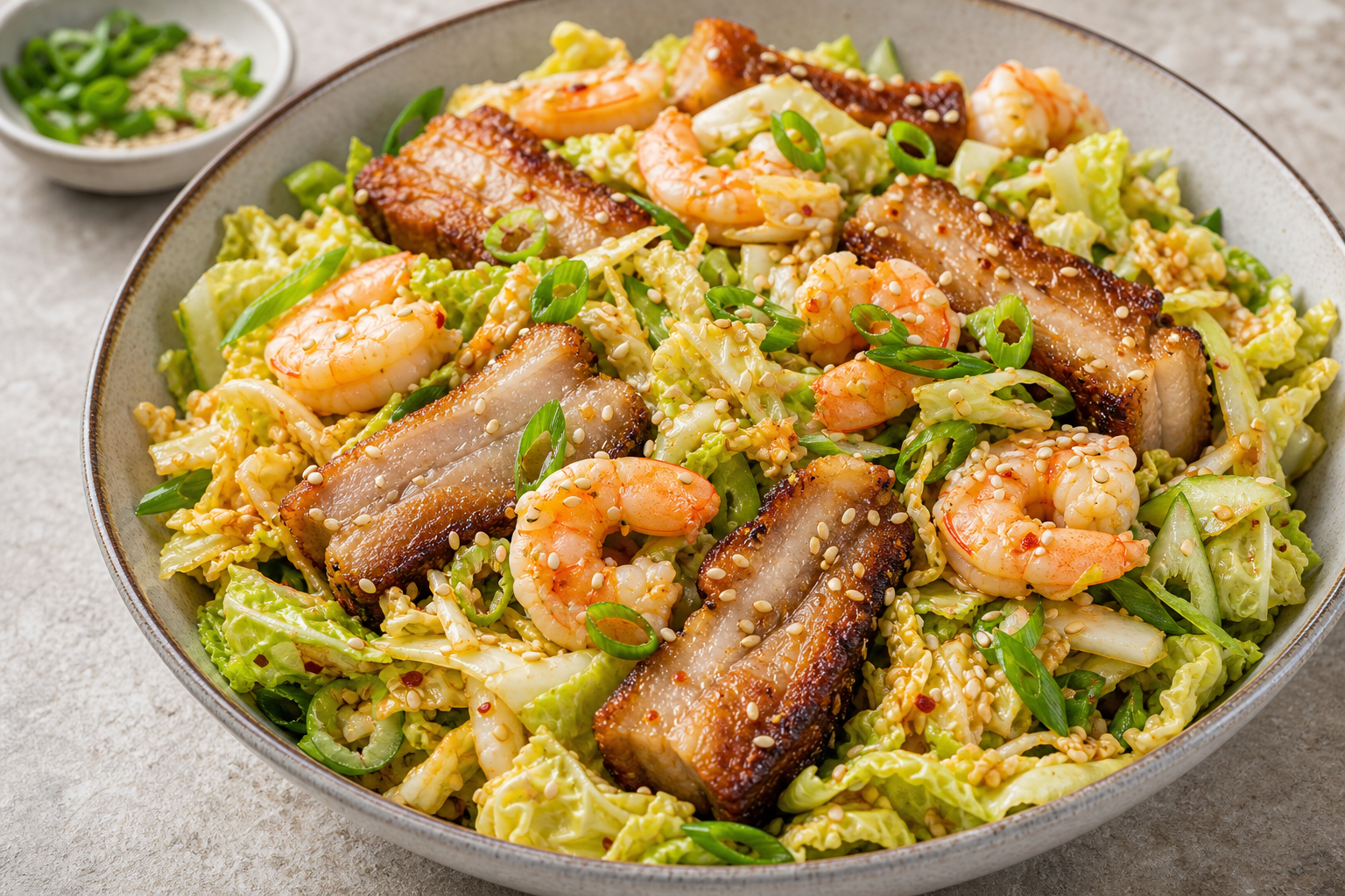 Keto Asian salad with crispy pork belly, shrimp, napa cabbage and sesame dressing in a bowl