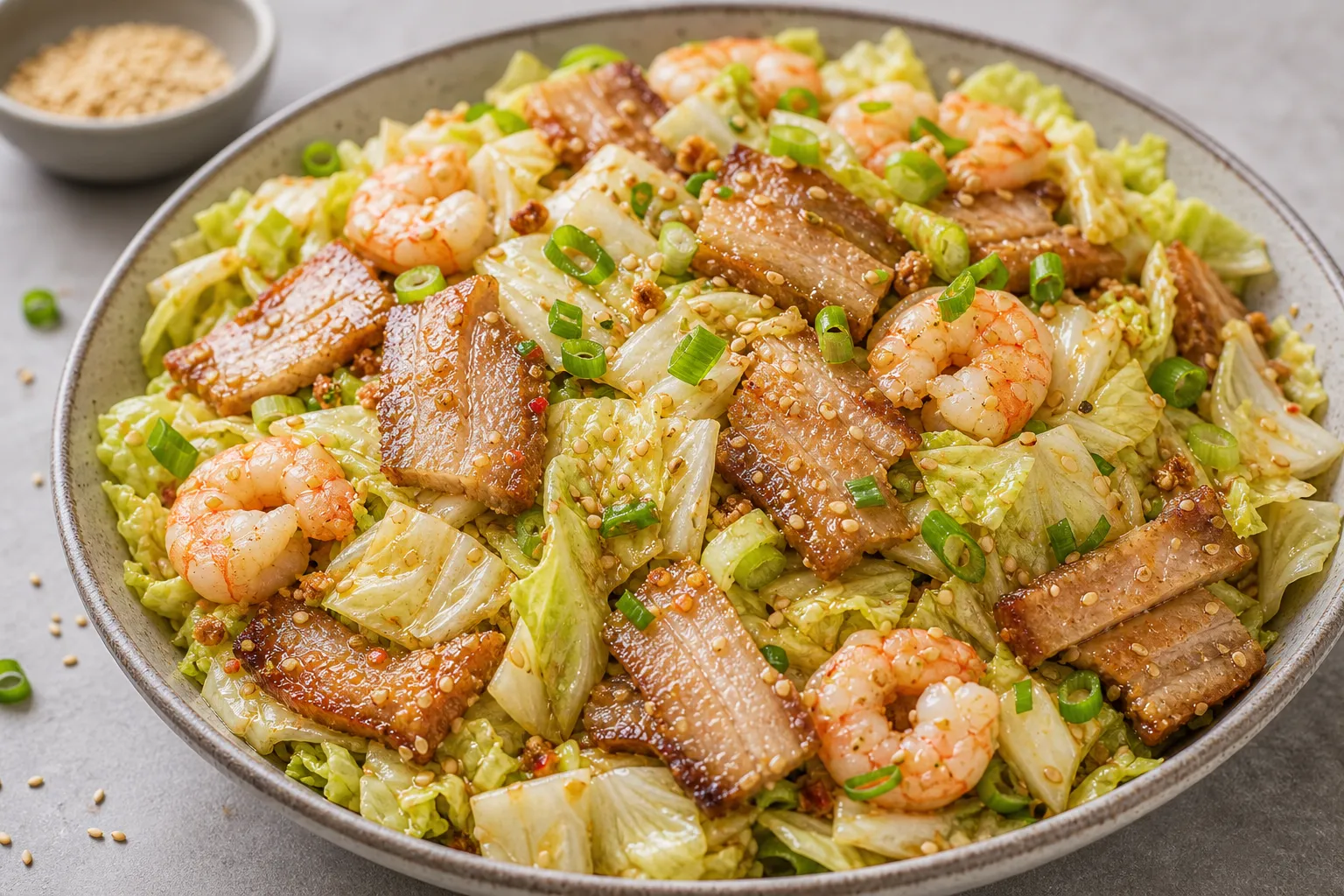 Finished keto Asian salad with pork belly and shrimp, garnished with sesame seeds and spring onions