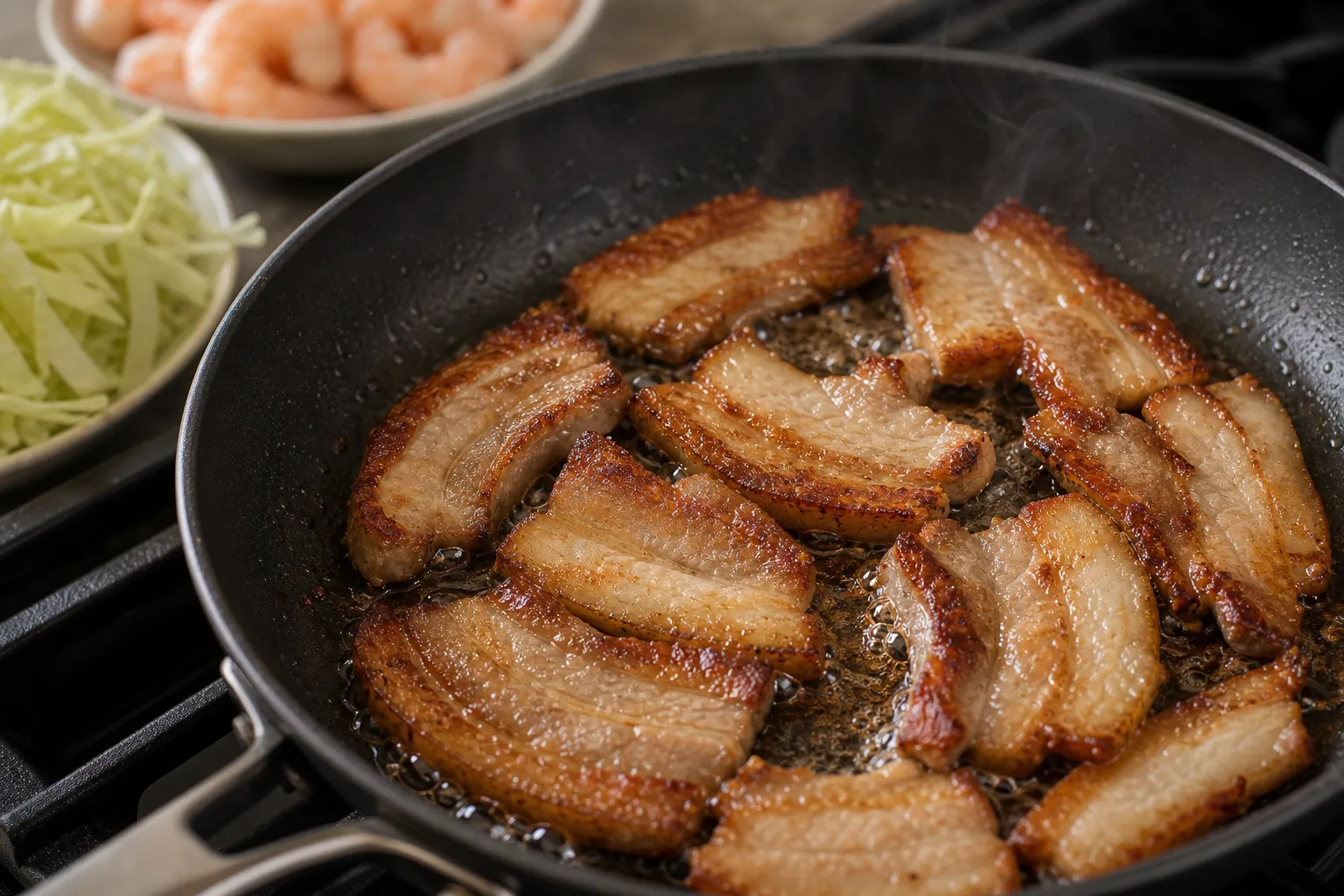 Pork belly slices searing crisp in a pan over high heat