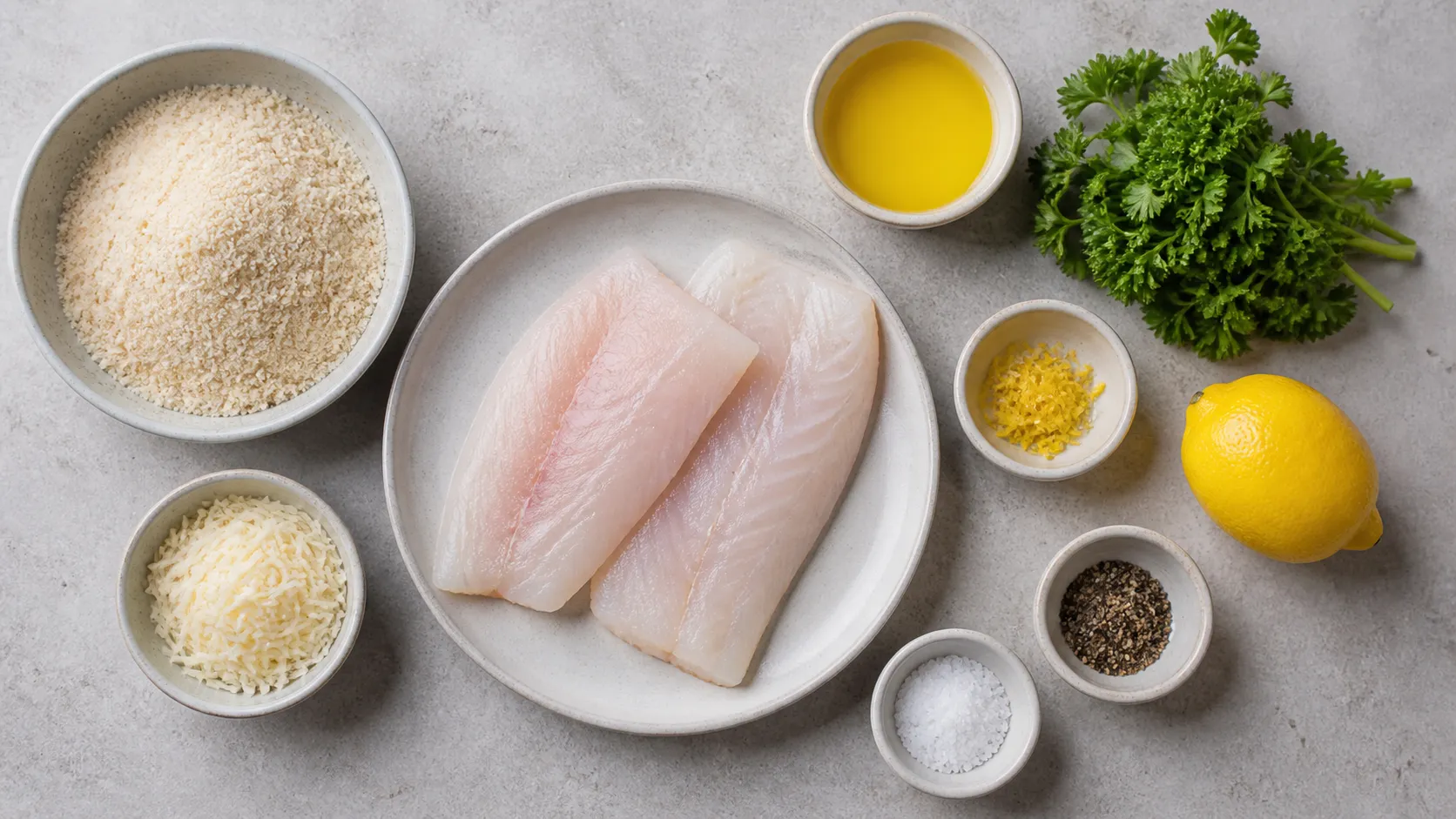 Ingredients for keto pollock with almond crust: pollock fillet, ground almonds, Parmesan, butter, parsley and lemon