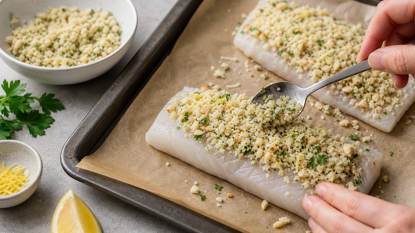 Almond-Parmesan crust being spread on a pollock fillet for keto pollock with almond crust