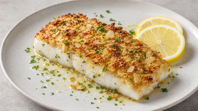 Keto pollock fillet with a golden-brown almond-Parmesan crust, parsley and lemon