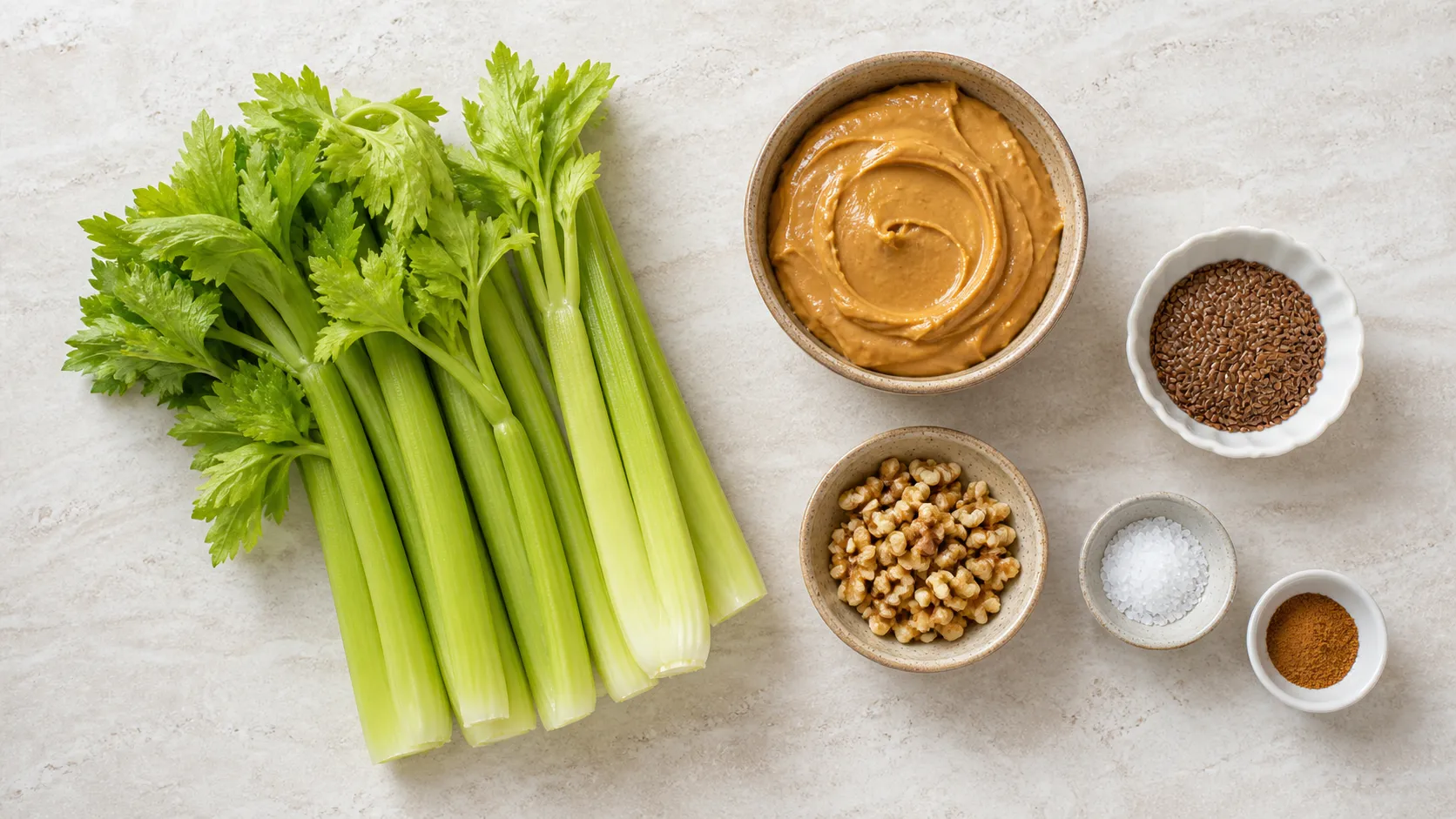 Ingredients for keto celery peanut butter sticks: celery, peanut butter, flax seeds, walnuts, sea salt and cinnamon