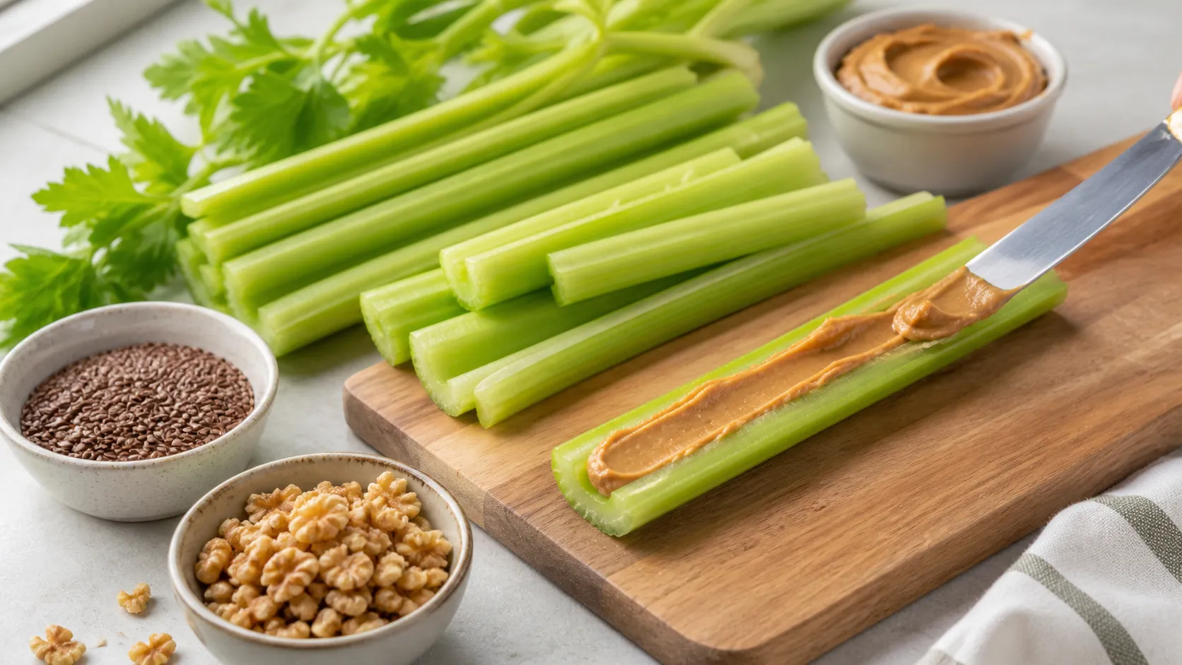 Celery is cut and filled with peanut butter, next to flax seeds and chopped walnuts