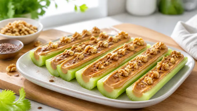 Keto celery peanut butter sticks on a wooden board, filled with peanut butter and sprinkled with flax seeds