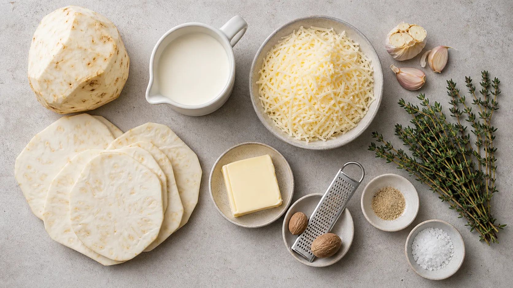 Ingredients for keto celeriac gratin: celeriac, cream, Gruyère, garlic, butter, thyme and nutmeg