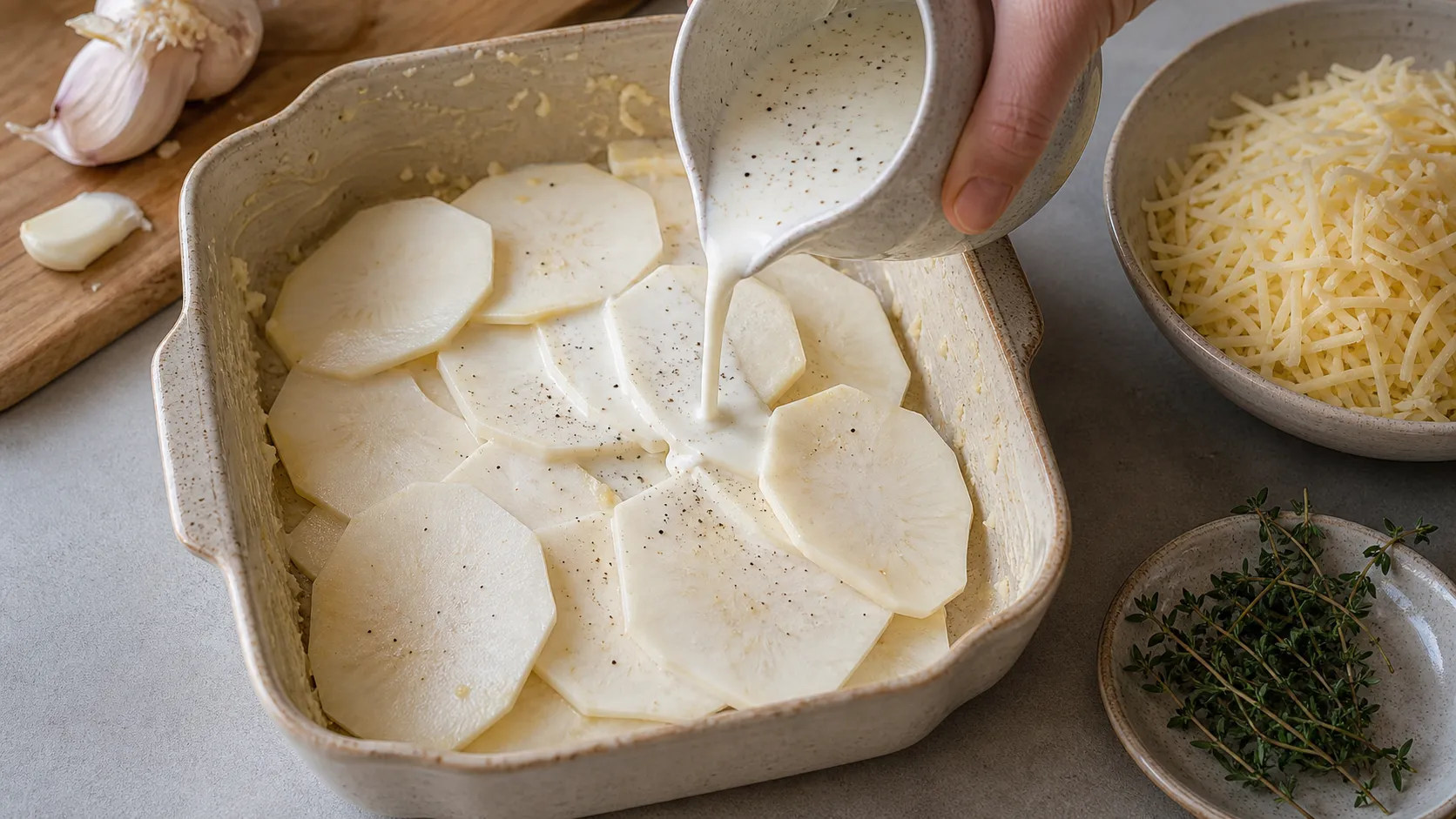 Thin celeriac slices layered in a buttered baking dish and topped with seasoned cream
