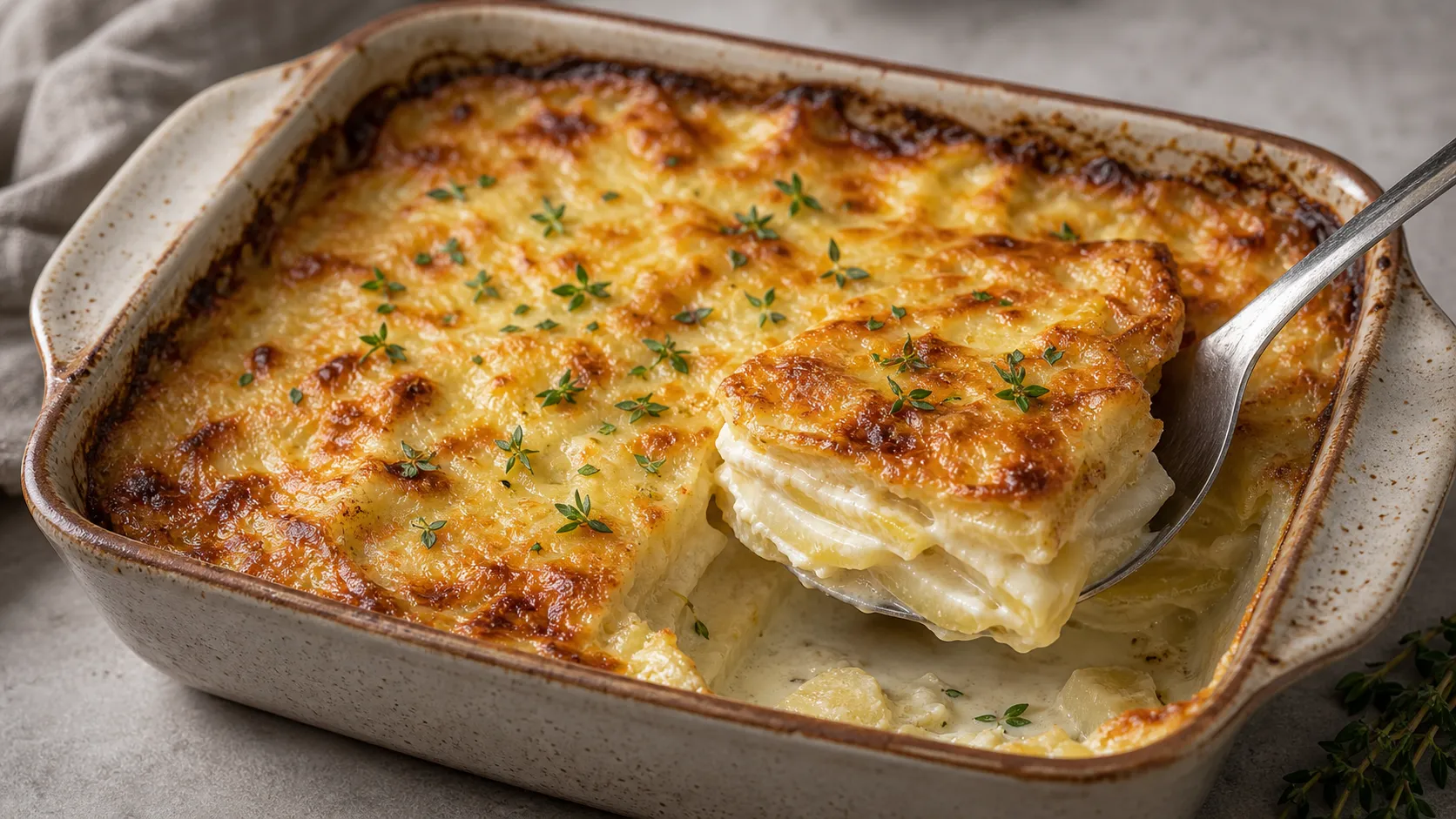 Golden-brown keto celeriac gratin with cream, Gruyère and visible layers of celery root