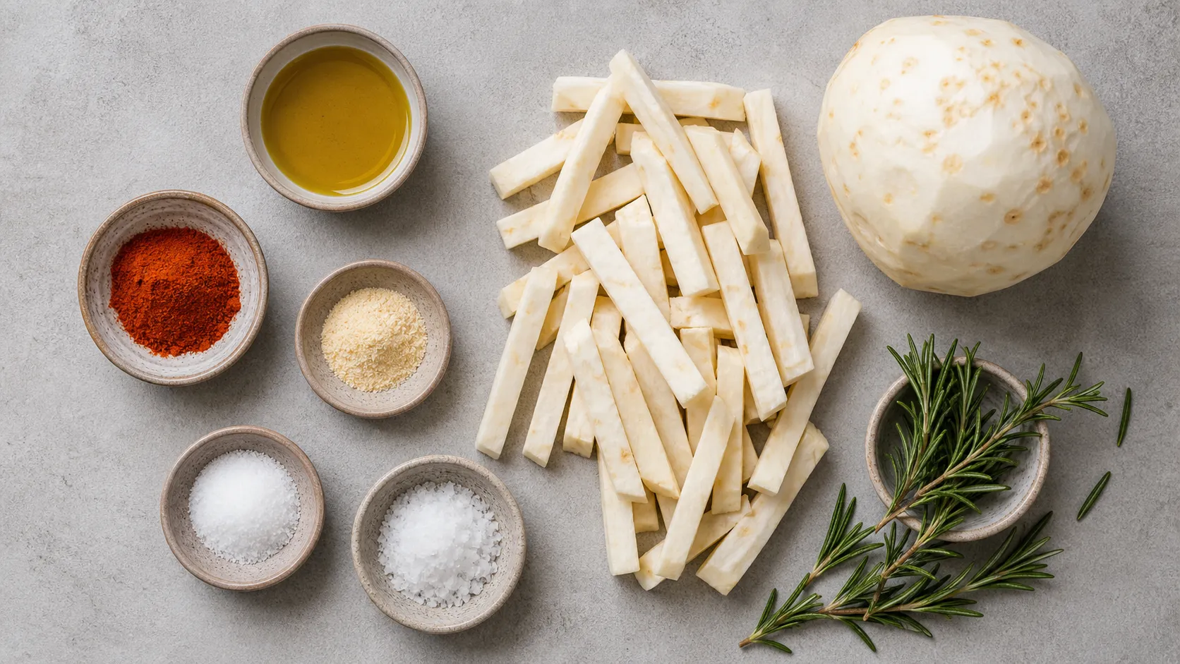 Ingredients for keto celeriac fries: celery root, olive oil, paprika, garlic powder, salt and rosemary
