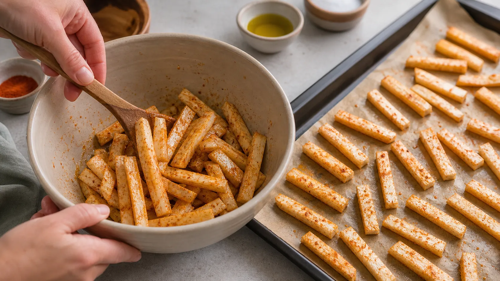 Celeriac sticks tossed with olive oil, paprika, garlic powder and salt before going into the oven