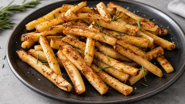 Golden brown keto celeriac fries with paprika, coarse salt and rosemary fresh from the oven