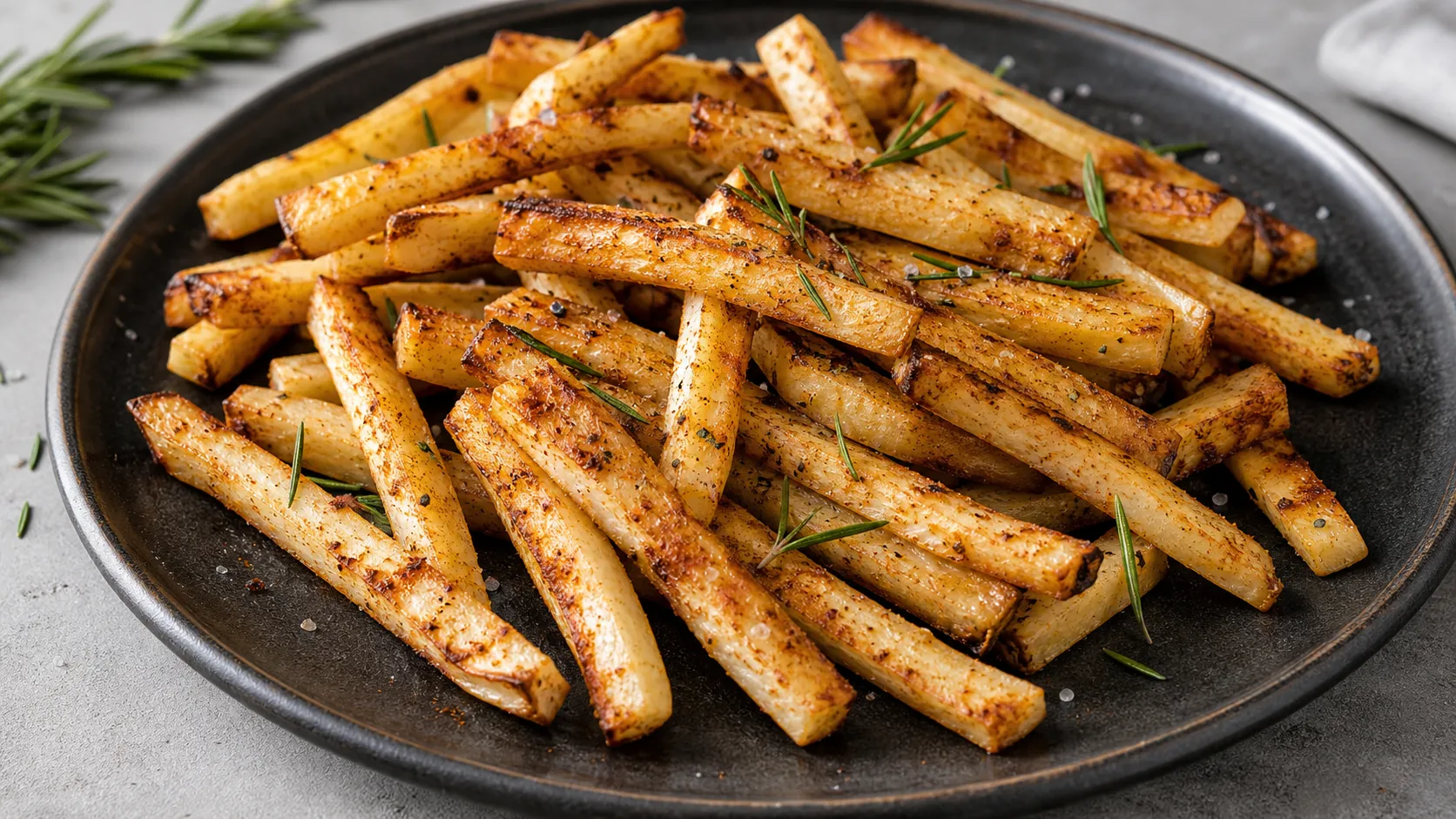 Golden brown keto celeriac fries with paprika, coarse salt and rosemary fresh from the oven