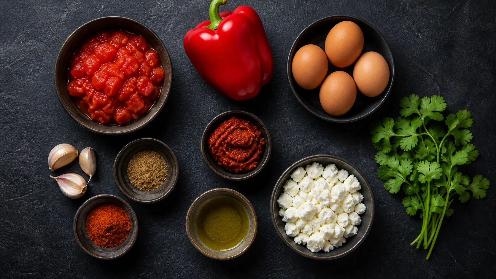 Flatlay of ingredients for keto shakshuka with eggs, tomatoes, harissa, bell pepper and feta