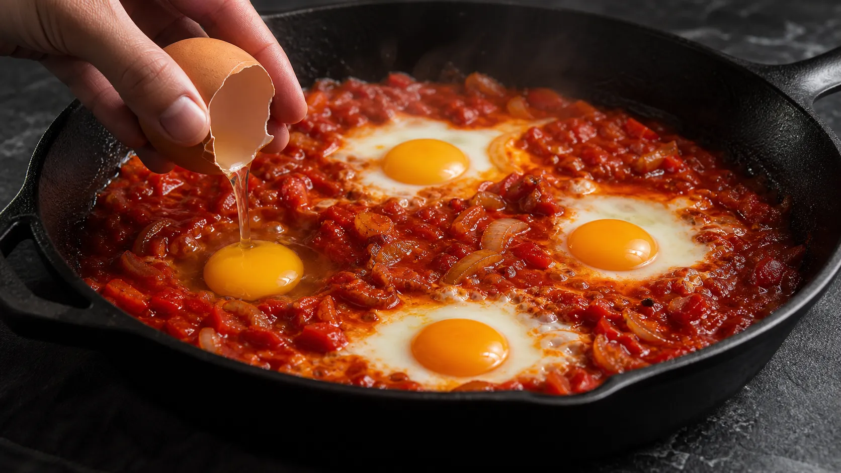 Eggs cooking in wells of the harissa tomato sauce for keto shakshuka