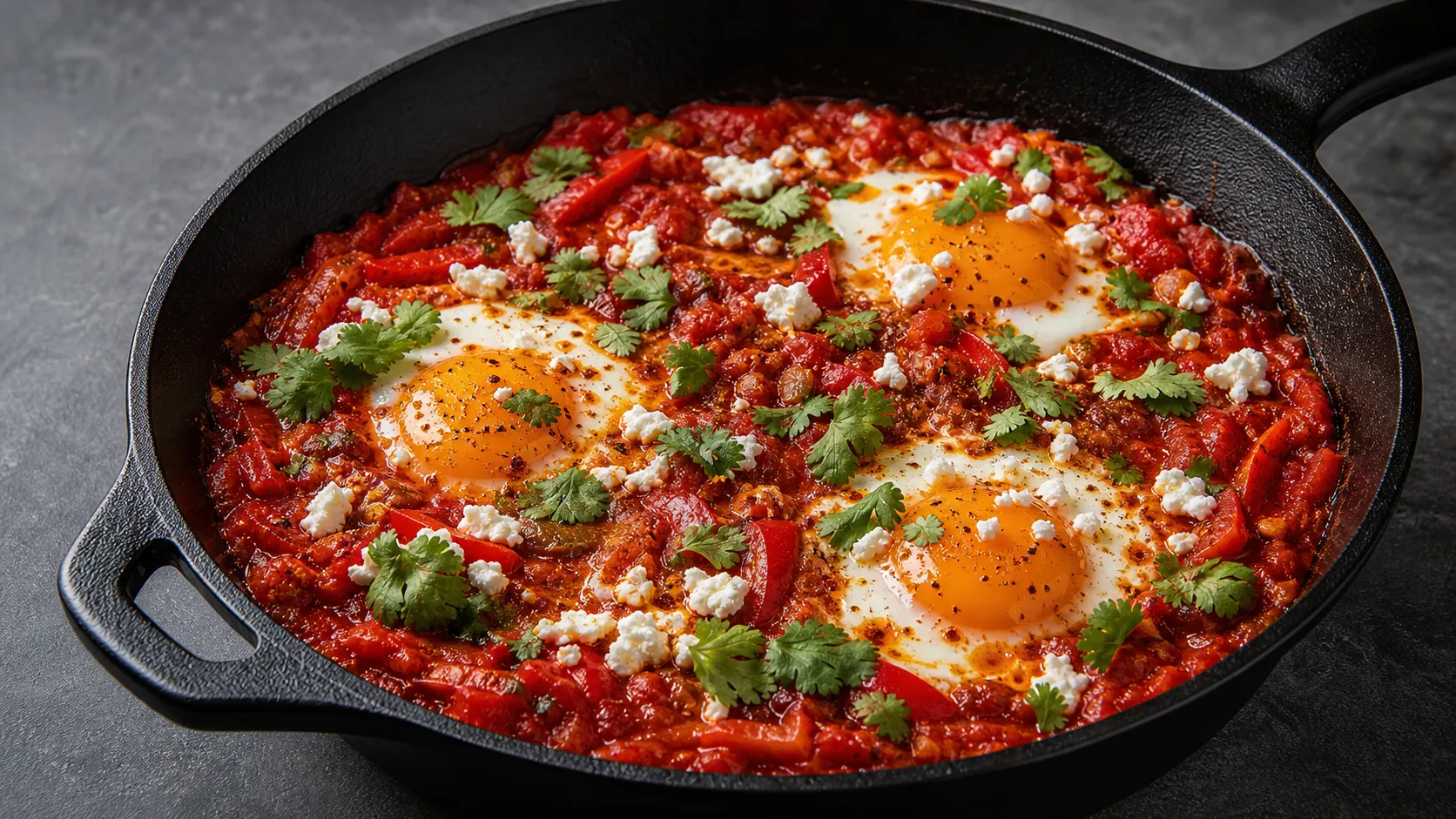 Finished keto shakshuka with harissa, poached eggs, feta and coriander