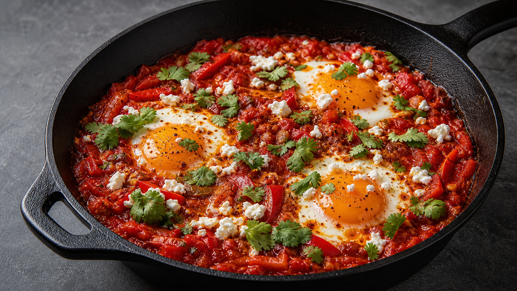 Finished keto shakshuka with harissa, poached eggs, feta and coriander