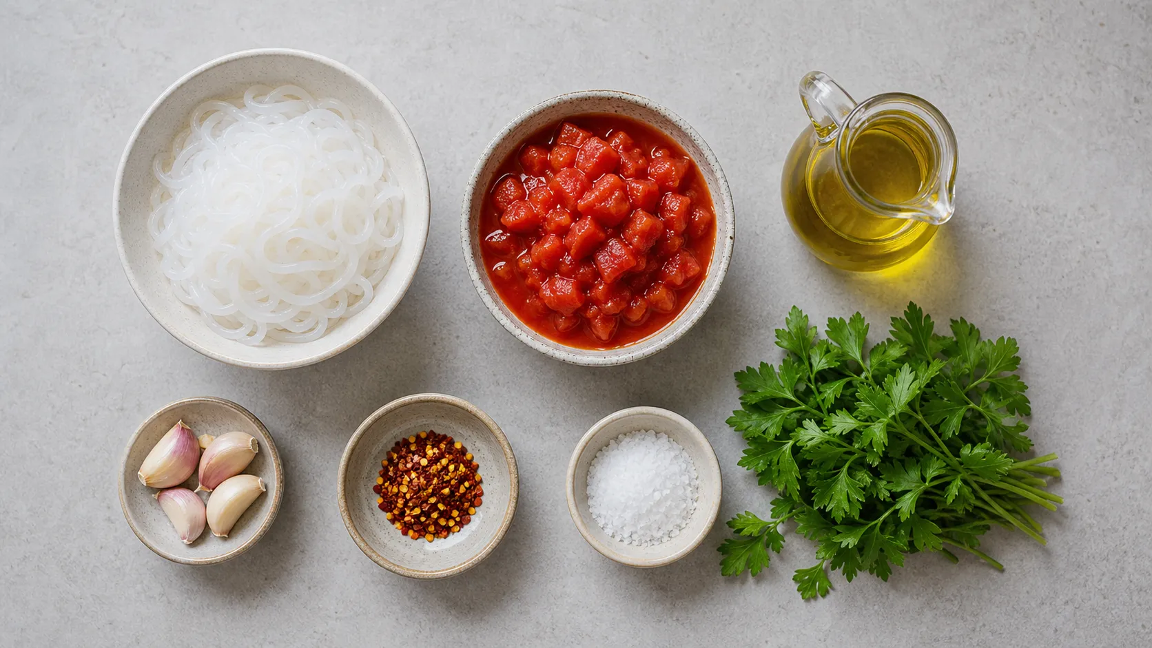 Ingredients for Keto Shirataki Arrabiata: konjac noodles, canned tomatoes, garlic, chili flakes, olive oil and fresh parsley