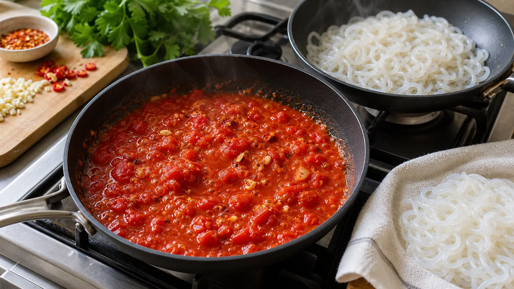 Arrabiata sauce with garlic and chili flakes simmering in a pan, dry-toasted shirataki noodles next to it
