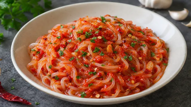 Keto Shirataki Arrabiata in a deep bowl: konjac noodles with bright red tomato-chili sauce, garlic and fresh parsley
