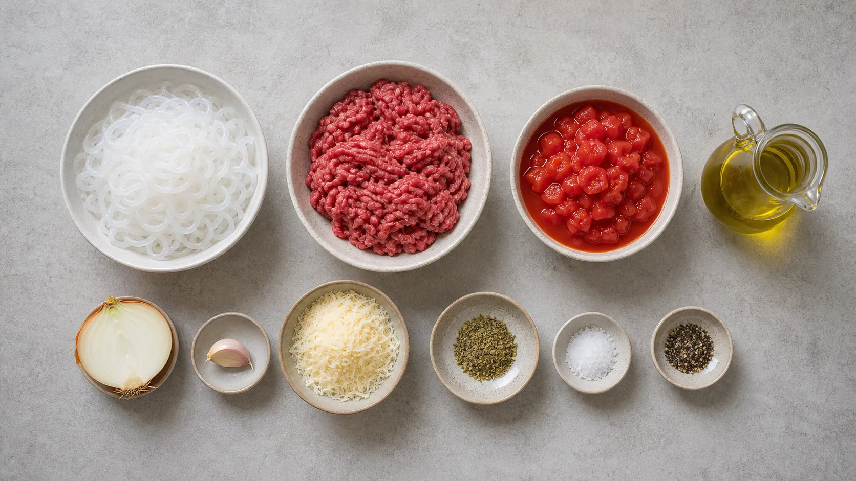 Ingredients for keto shirataki bolognese: konjac noodles, ground beef, tomatoes, onion, garlic, olive oil and parmesan