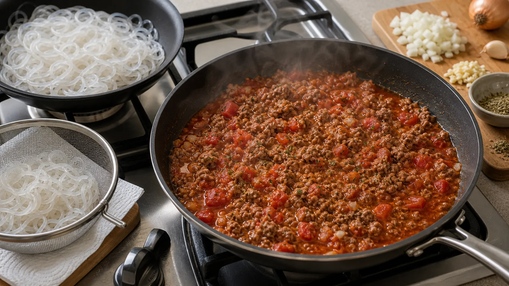 Ground beef ragu simmering in the pan, with drained shirataki noodles resting on paper towels nearby