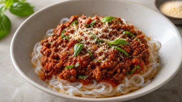 Keto shirataki bolognese in a deep plate: konjac noodles with rich ground beef ragu, parmesan and fresh basil