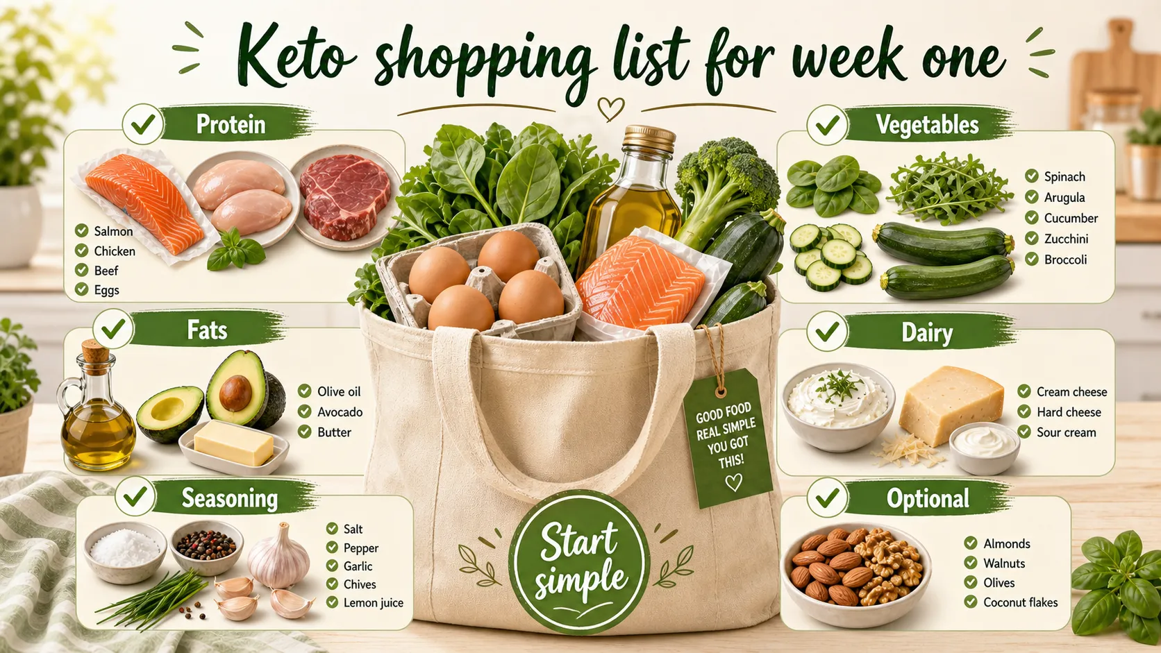 Infographic Keto shopping list for week one with protein, vegetables, fats, dairy, seasoning, and optional nuts